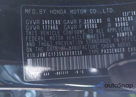 2019 Honda Civic Ex from USA, damaged, VIN JHMFC1F35KX010136